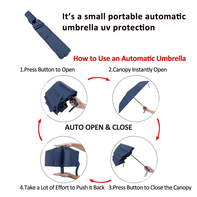 BAODINI Small Travel Umbrella for Rain Protection Sun-Folding UV Umbrella Windproof Compact (navy blue), 42 Inch Arc Canopy - Image 5